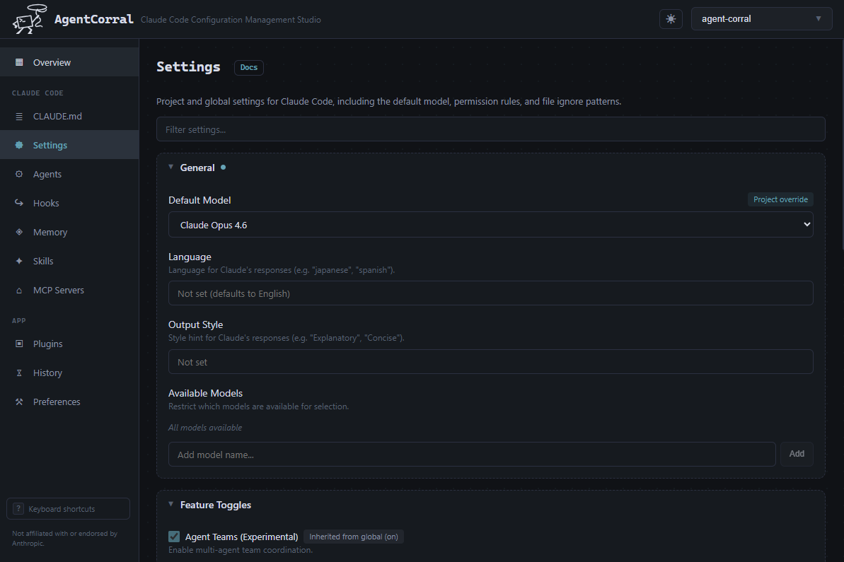 Agent Corral settings