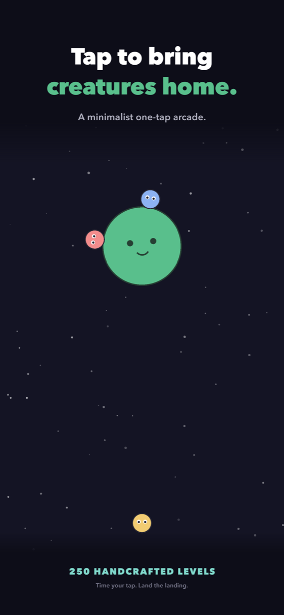 Homebound gameplay: tap to land creatures on a spinning planet